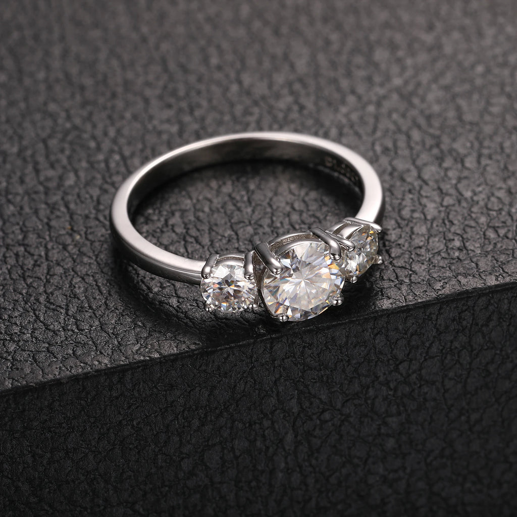 Women's Round Brilliant Cut VVS Moissanite Three Stone Ring 925 Sterling Silver