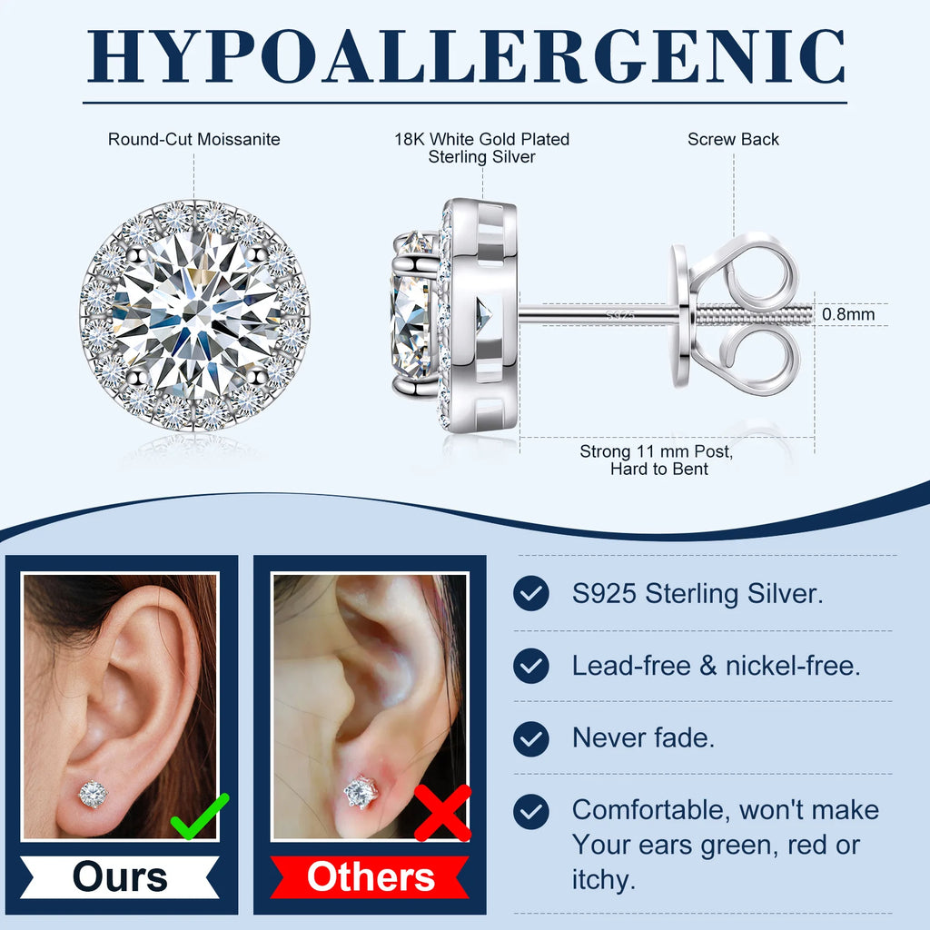 Unisex Iced Out 925 Sterling Silver White Gold Plated VVS Moissanite Round Brilliant Cut Halo Stud Earrings
