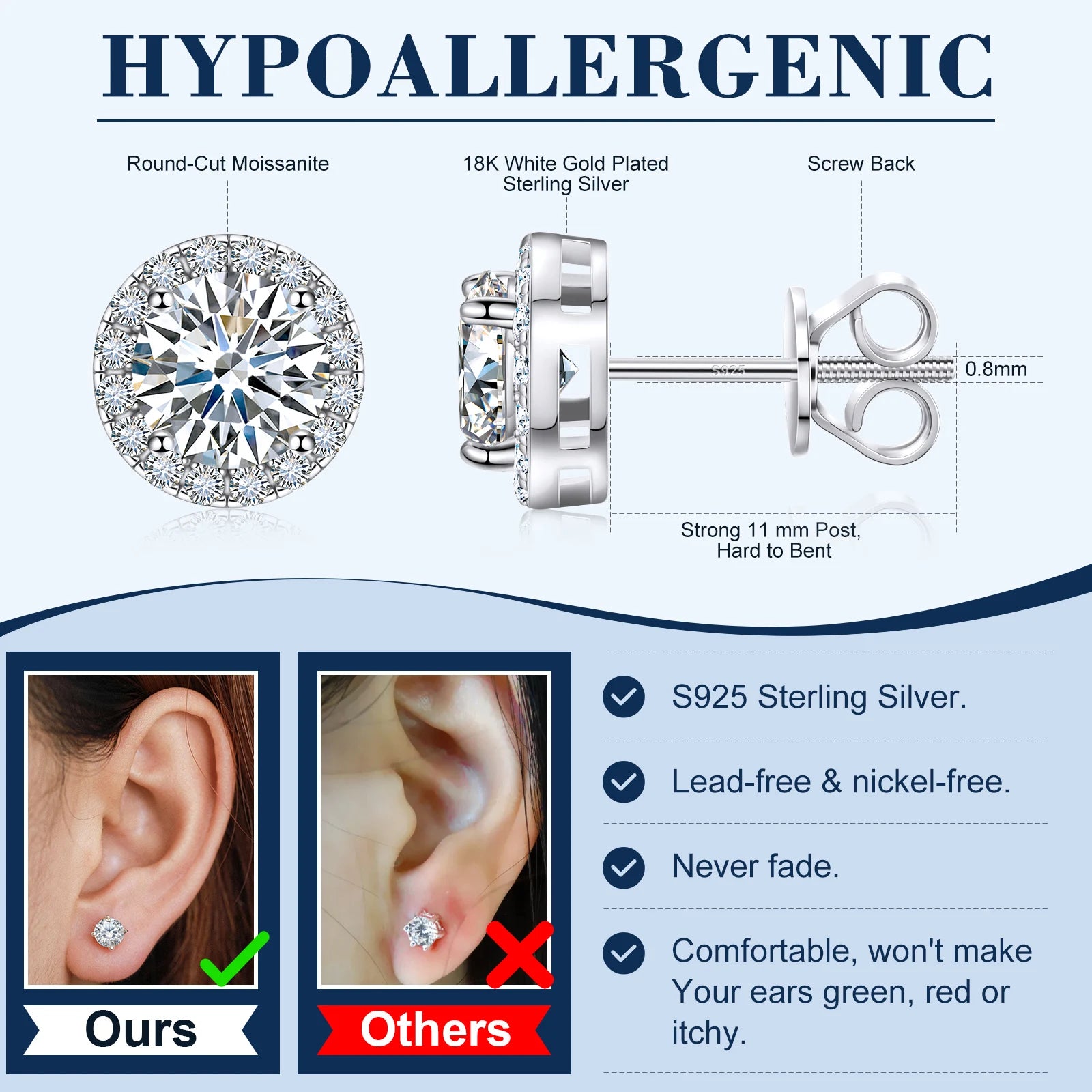 Unisex Iced Out 925 Sterling Silver White Gold Plated VVS Moissanite Round Brilliant Cut Halo Stud Earrings