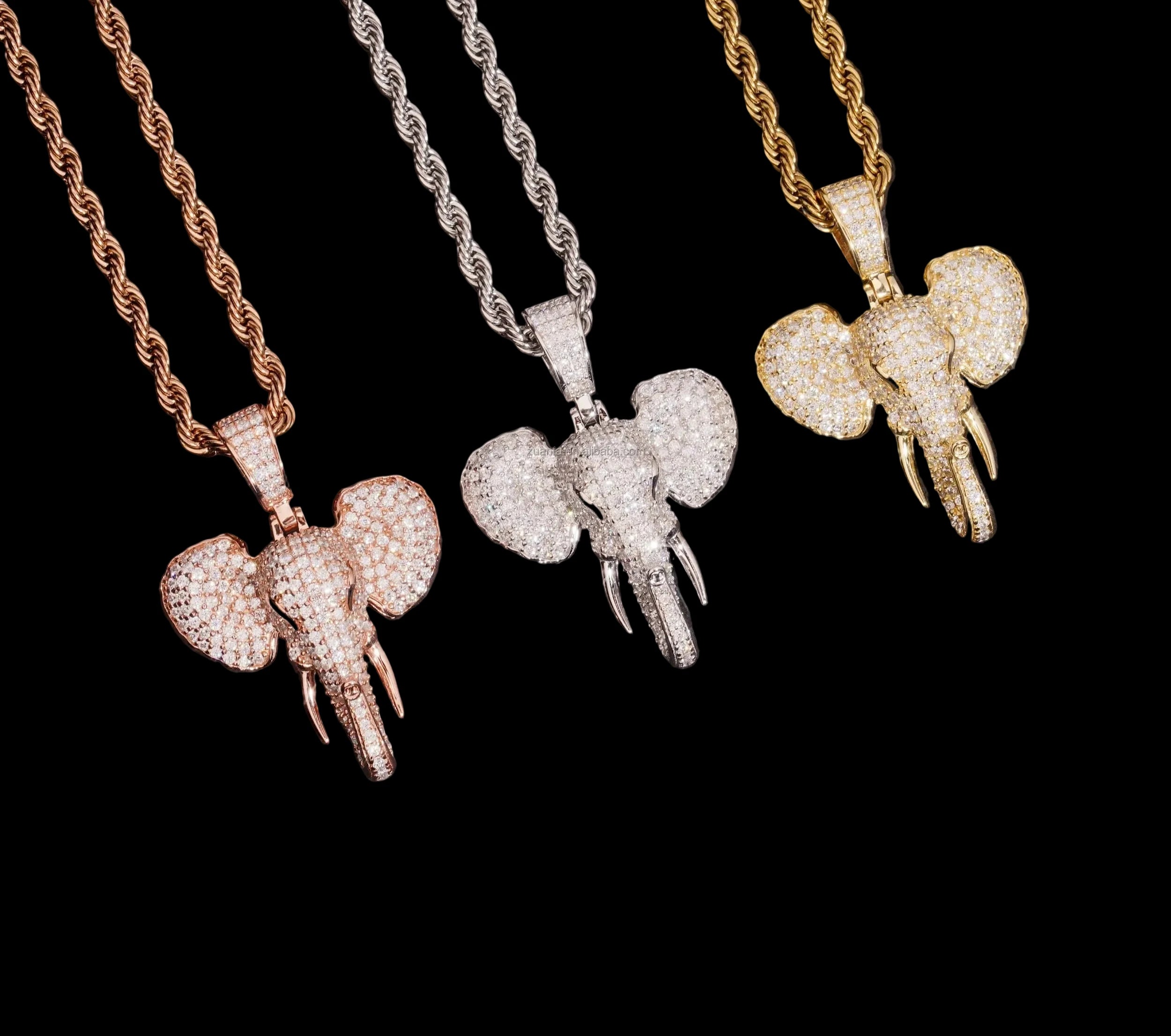 Unisex Iced Out Elephant Pendant 925 Sterling Silver VVS Moissanite YHP0451