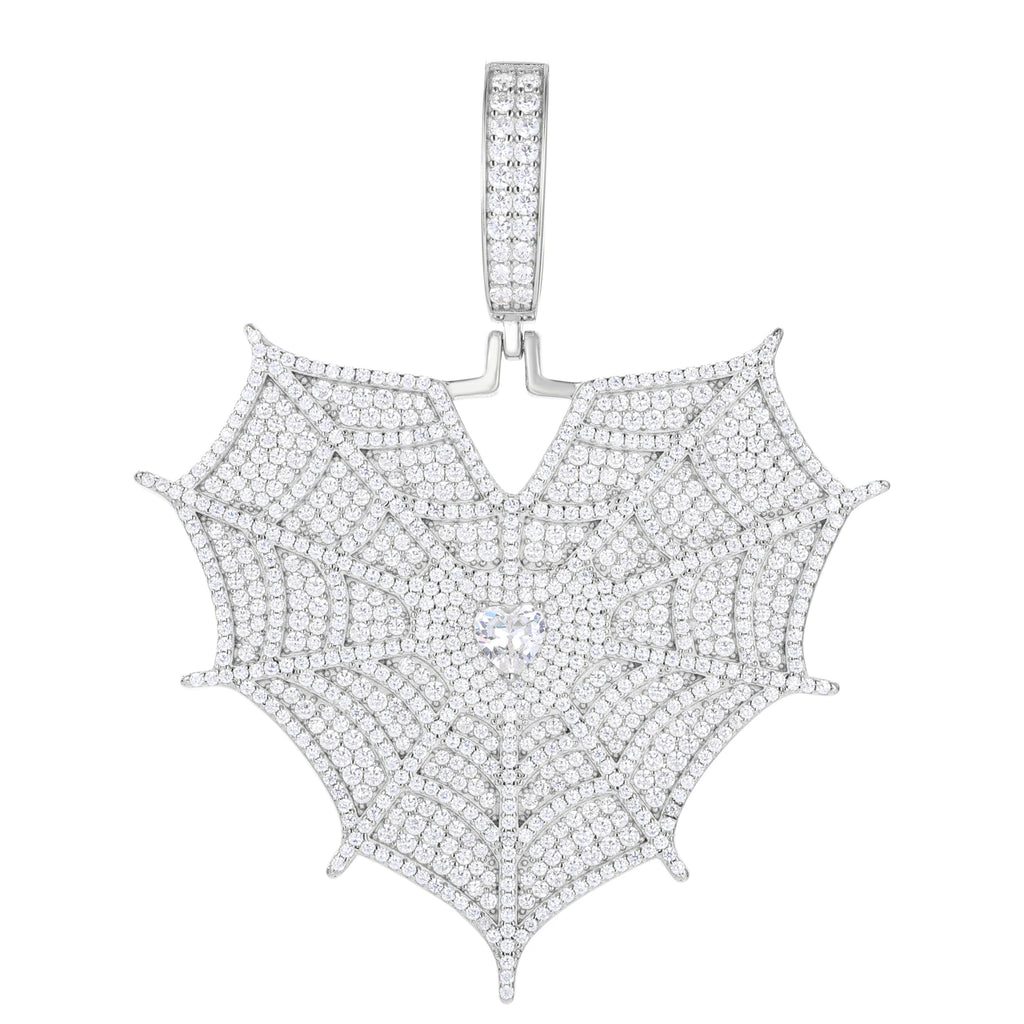 Unisex 925 Sterling Silver VVS Moissanite Iced Out Spider Web Heart Pendant TQP0536