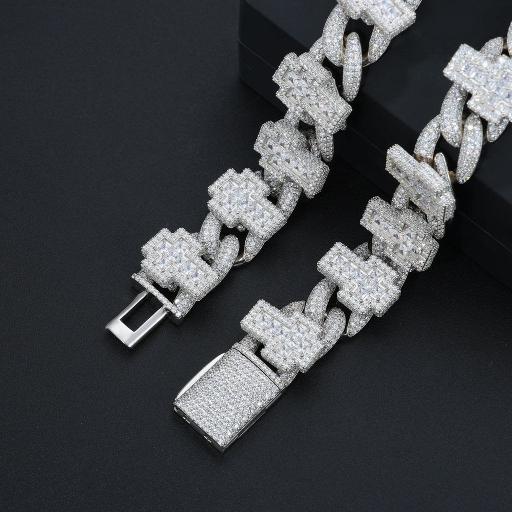 Men's 19mm Cross Shape Micro Paved Princess Cut Moissanite Cuban Link Chain Necklace 925 Sterling Silver