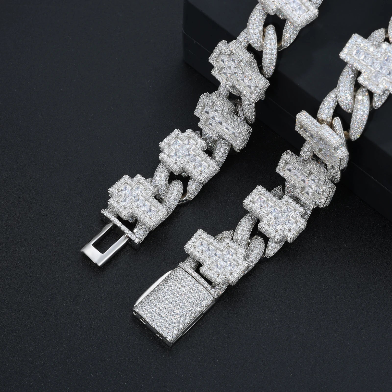 Men's 19mm Cross Shape Micro Paved Princess Cut Moissanite Cuban Link Chain Necklace 925 Sterling Silver