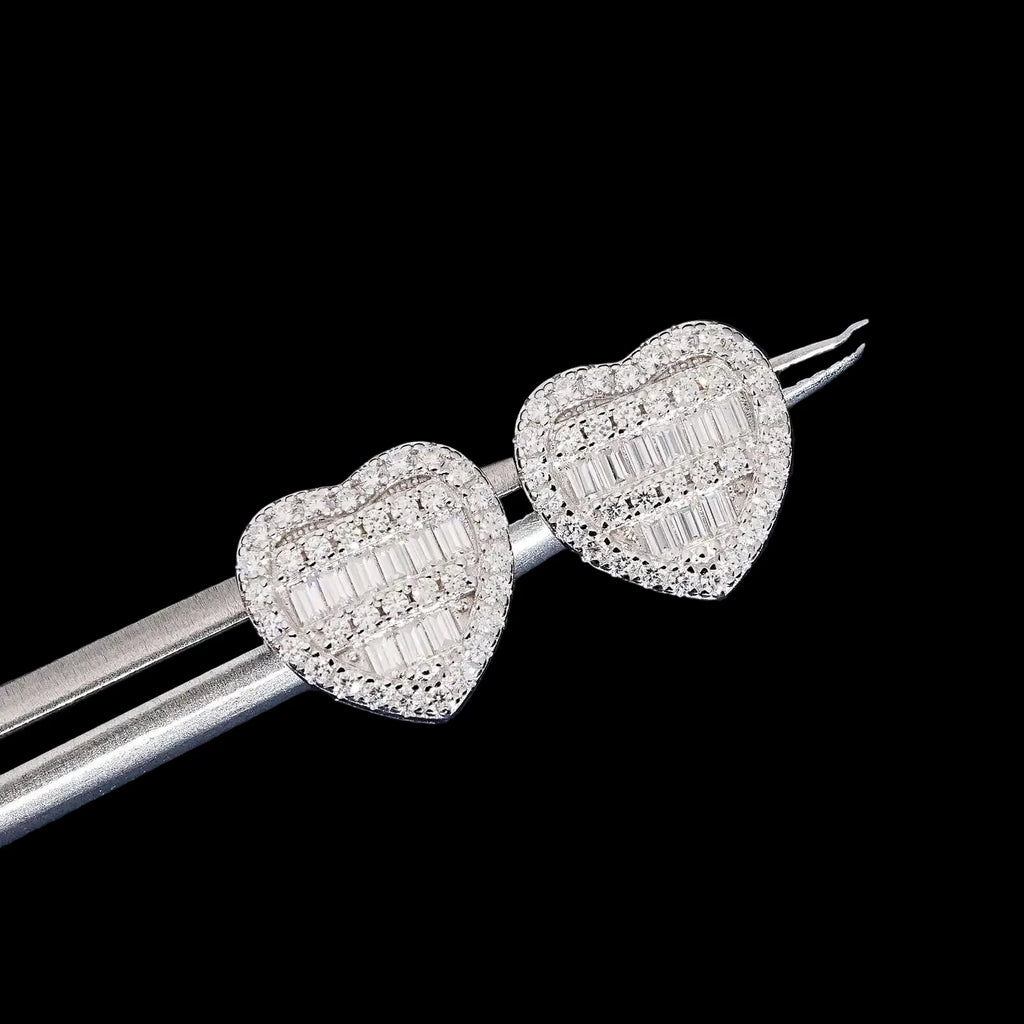 Unisex 925 Sterling Silver VVS Moissanite Heart Baguette Iced Out Stud Earrings