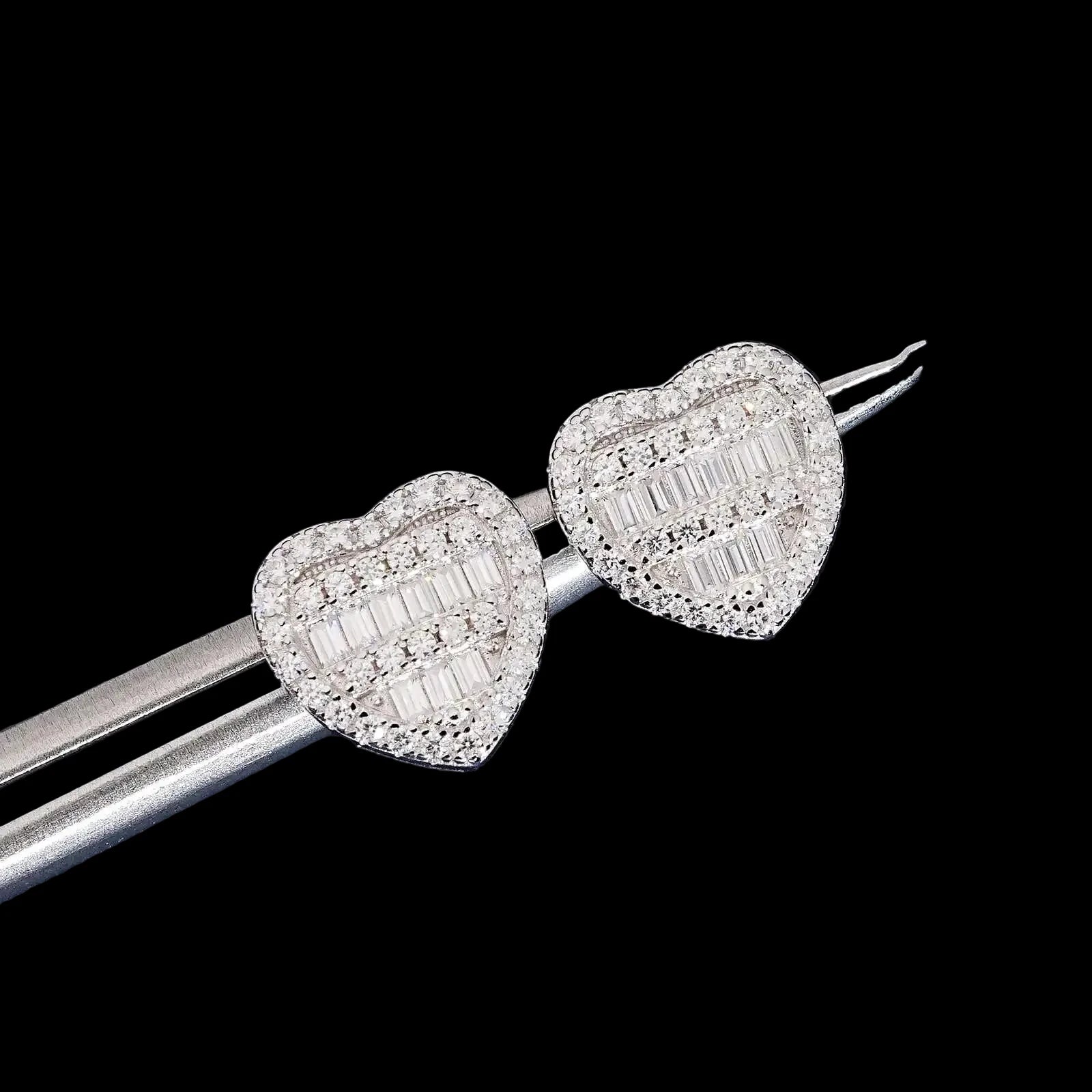 Unisex 925 Sterling Silver VVS Moissanite Heart Baguette Iced Out Stud Earrings