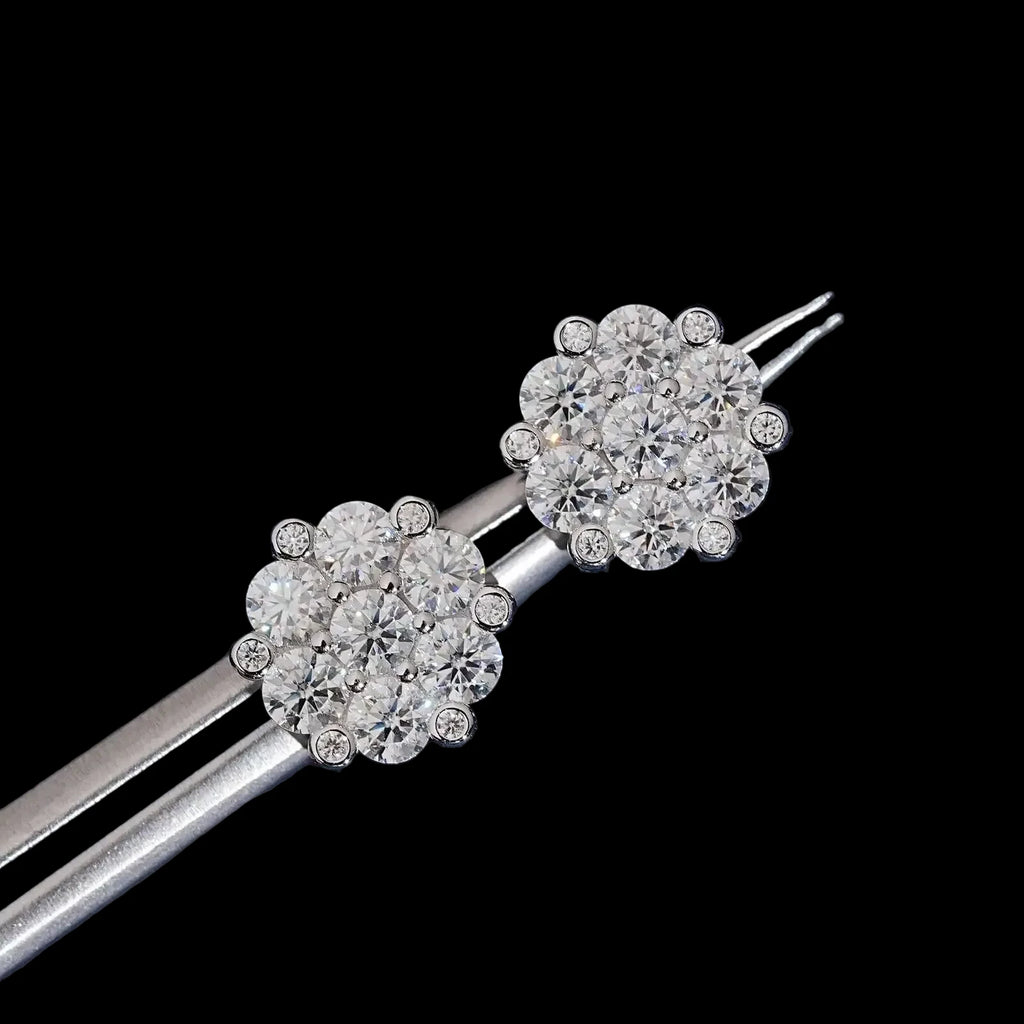 Unisex Iced Out 925 Sterling Silver VVS Moissanite Floral Cluster Stud Earrings