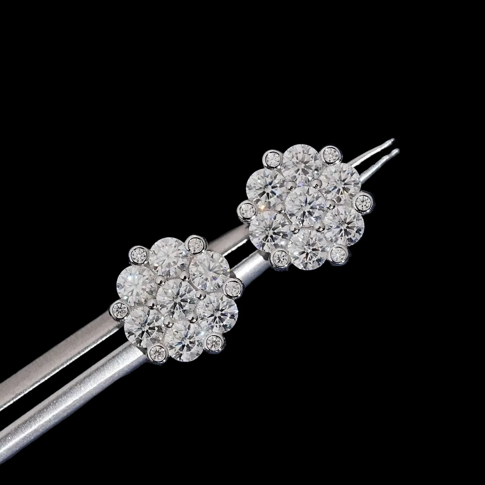 Unisex Iced Out 925 Sterling Silver VVS Moissanite Floral Cluster Stud Earrings