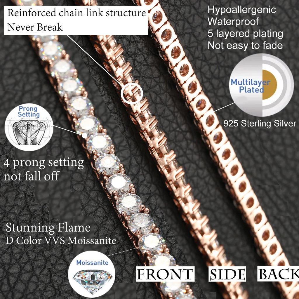 Unisex Iced Out 925 Sterling Silver VVS Moissanite Tennis Chain Necklace Bracelet
