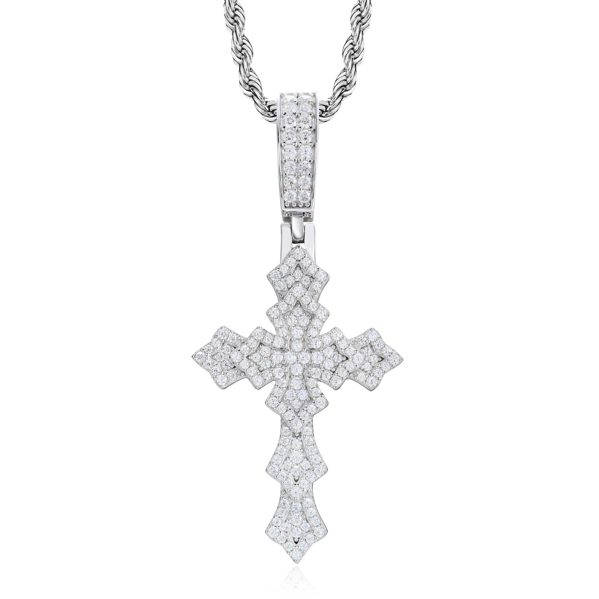 Unisex 925 Sterling Silver VVS Moissanite Iced Out Layered Lily Cross Pendant TQP0858