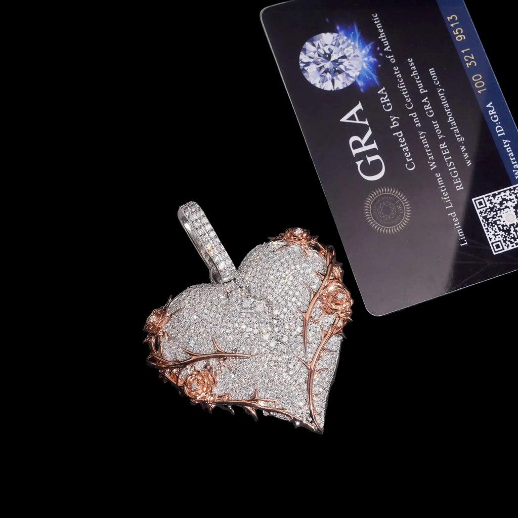 Unisex 925 Sterling Silver VVS Moissanite Broken Heart Thorn Iced Out Pendant BP4962