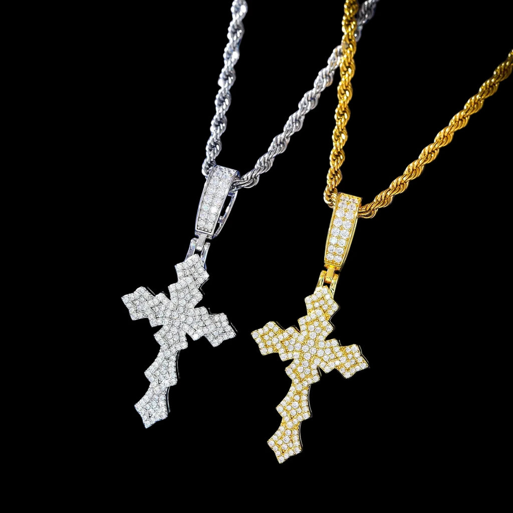 Unisex 925 Sterling Silver VVS Moissanite Iced Out Layered Lily Cross Pendant TQP0858