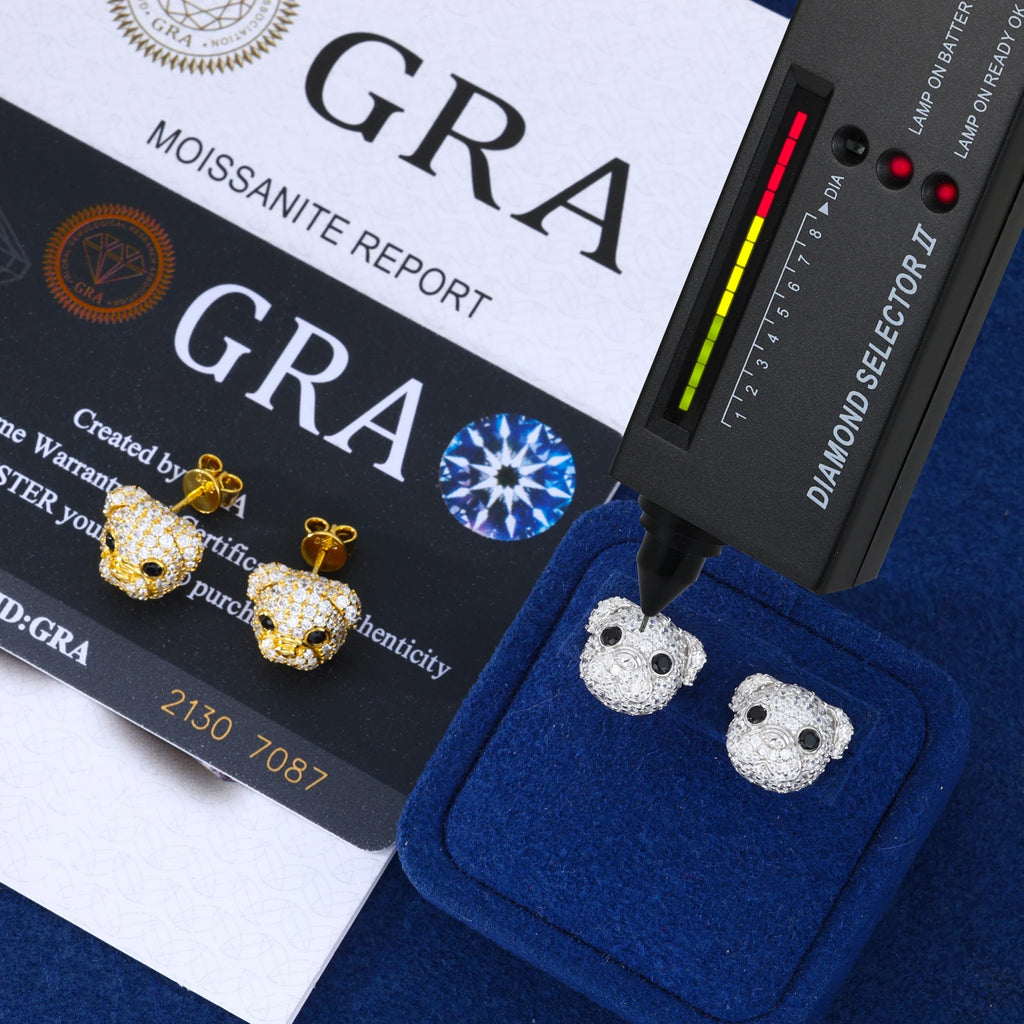 Unisex Iced Out 925 Sterling Silver VVS Moissanite Little Bulldog Stud Earrings