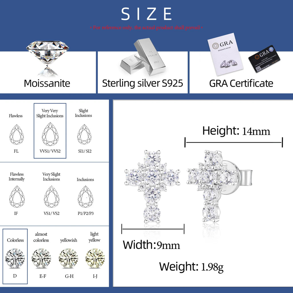 Unisex 925 Sterling Silver VVS Moissanite Baguette Cluster Cross Stud Earrings