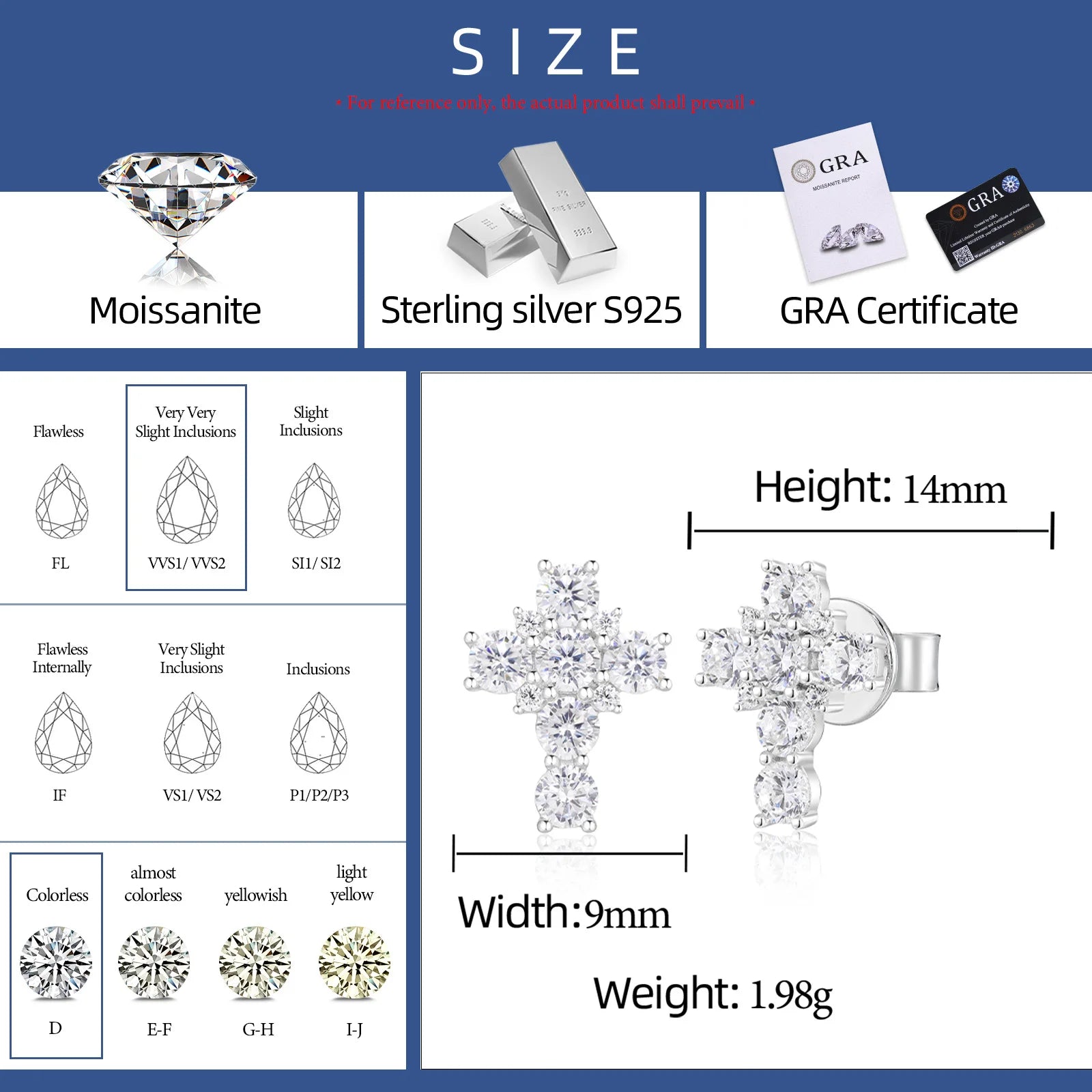 Unisex 925 Sterling Silver VVS Moissanite Baguette Cluster Cross Stud Earrings