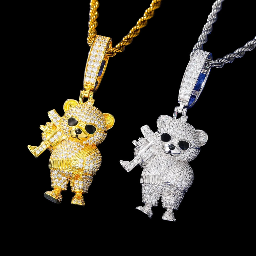 Men's Iced Out Bear Holding AK Pendant 925 Sterling Silver VVS Moissanite TQP0799
