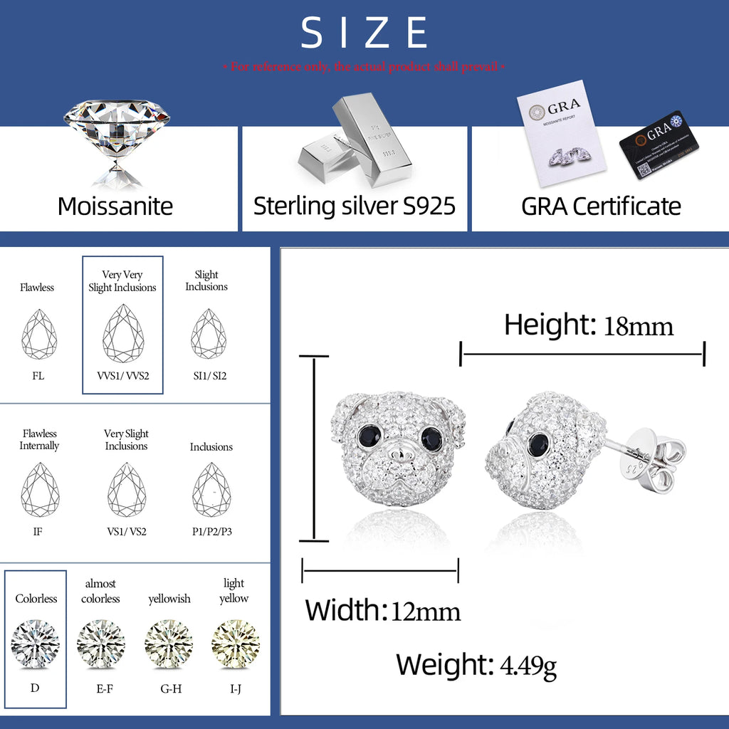 Unisex Iced Out 925 Sterling Silver VVS Moissanite Little Bulldog Stud Earrings
