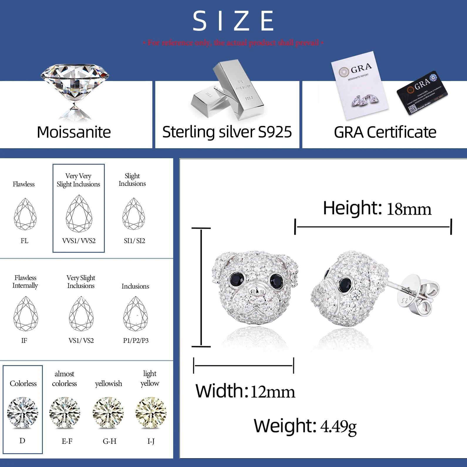 Unisex Iced Out 925 Sterling Silver VVS Moissanite Little Bulldog Stud Earrings