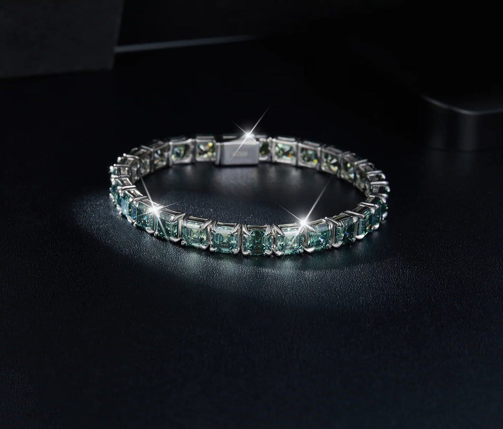 Unisex 5.5mm Asscher Cut Green Moissanite Tennis Bracelet 925 Sterling Silver