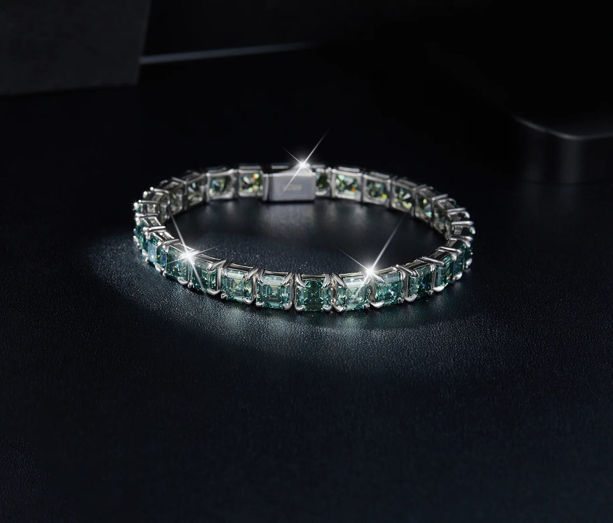 Unisex 5.5mm Asscher Cut Green Moissanite Tennis Bracelet 925 Sterling Silver