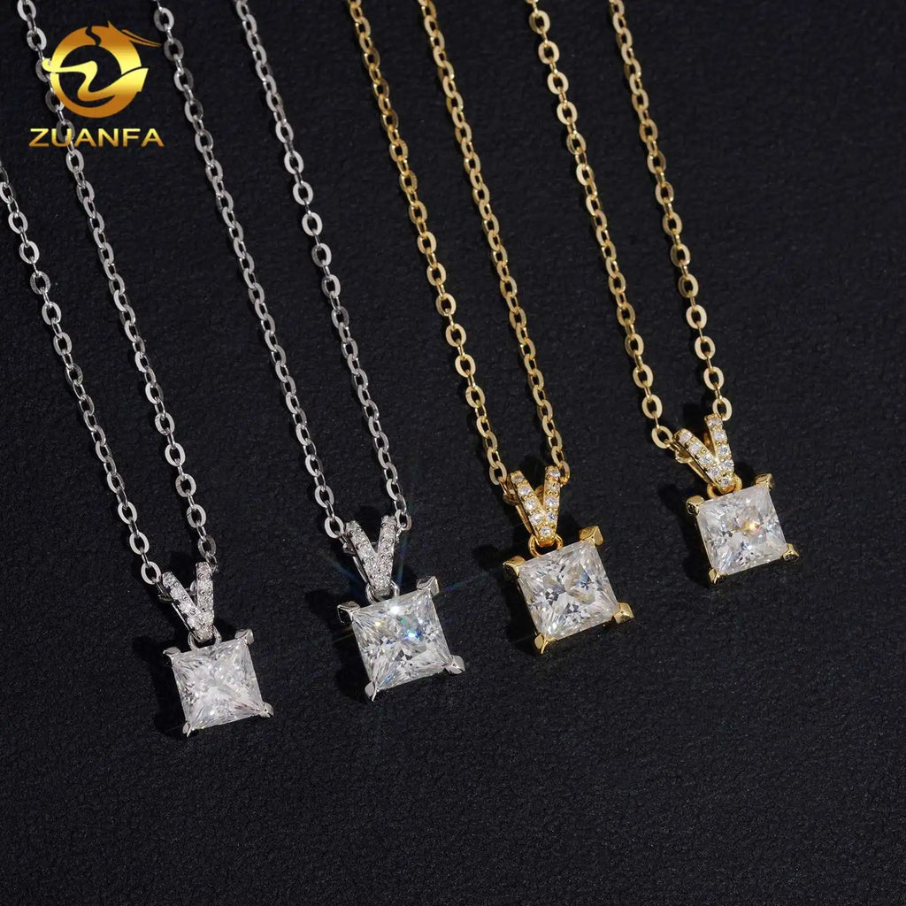 Unisex Iced Out 925 Sterling Silver Moissanite Princess Cut Pendant Necklace