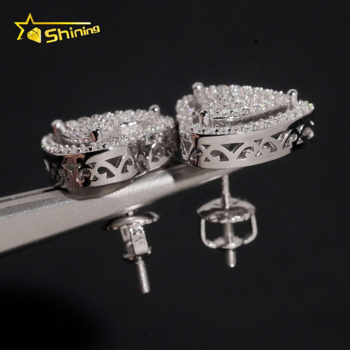 Unisex Iced Out 925 Sterling Silver Rhodium Plated VVS Moissanite Round Brilliant Cut Geometric Stud Earrings