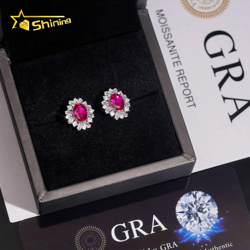 Women's Round Brilliant Cut Lab Grown Ruby and Moissanite Stud Earrings 925 Sterling Silver