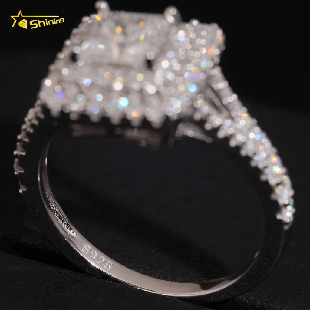 Women's Iced Out 925 Sterling Silver Princess Cut VVS Moissanite Wedding Engagement Ring