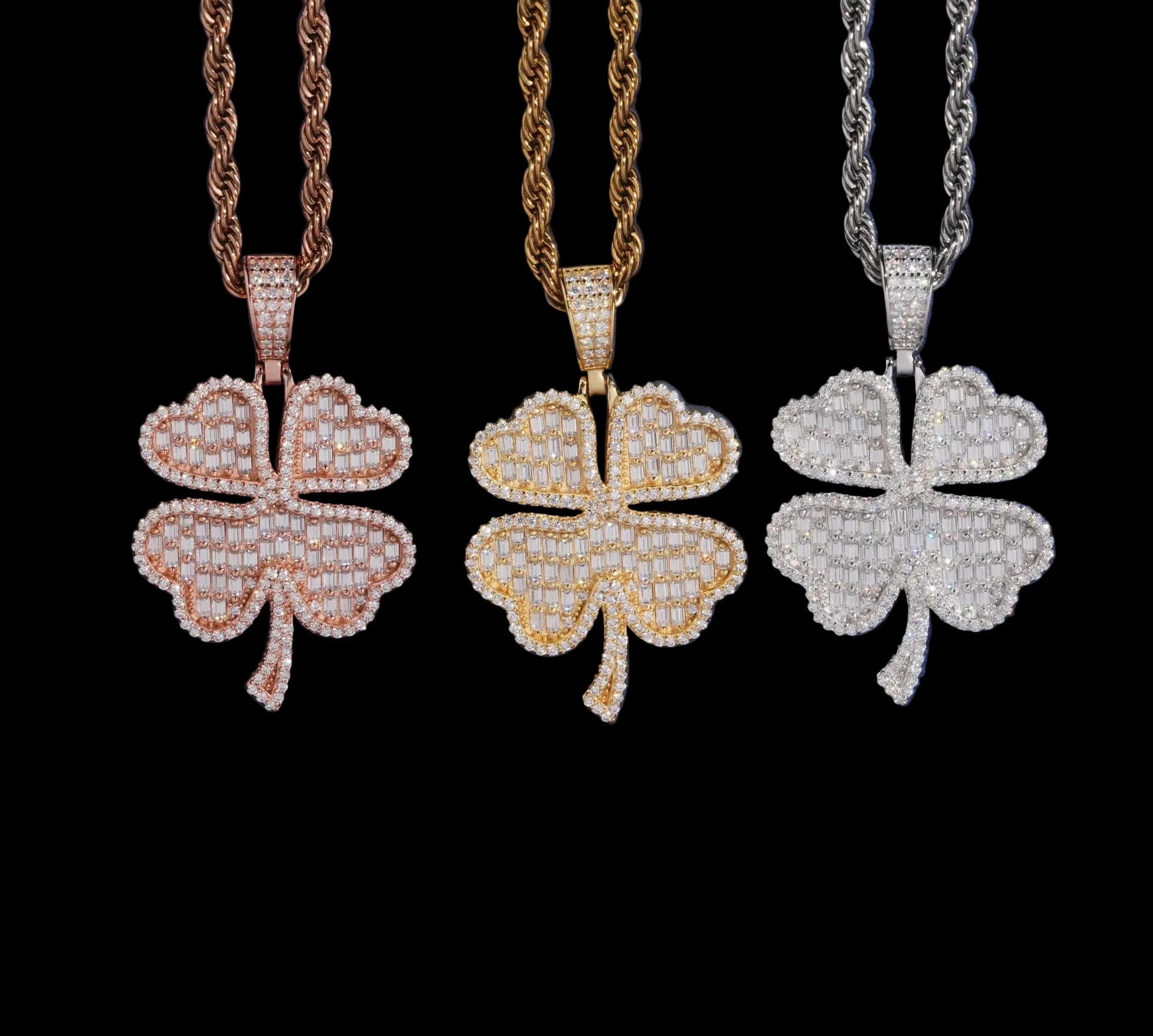 Unisex 925 Sterling Silver VVS Moissanite Lucky Clover Iced Out Pendant YHP0603
