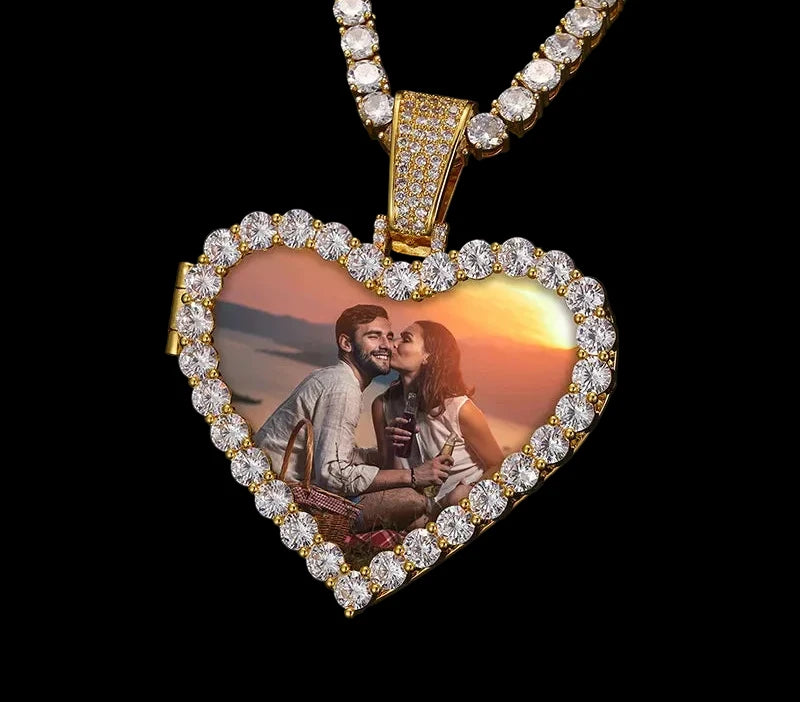 Unisex Iced Out Heart Photo Pendant 925 Sterling Silver VVS Moissanite TQP0143