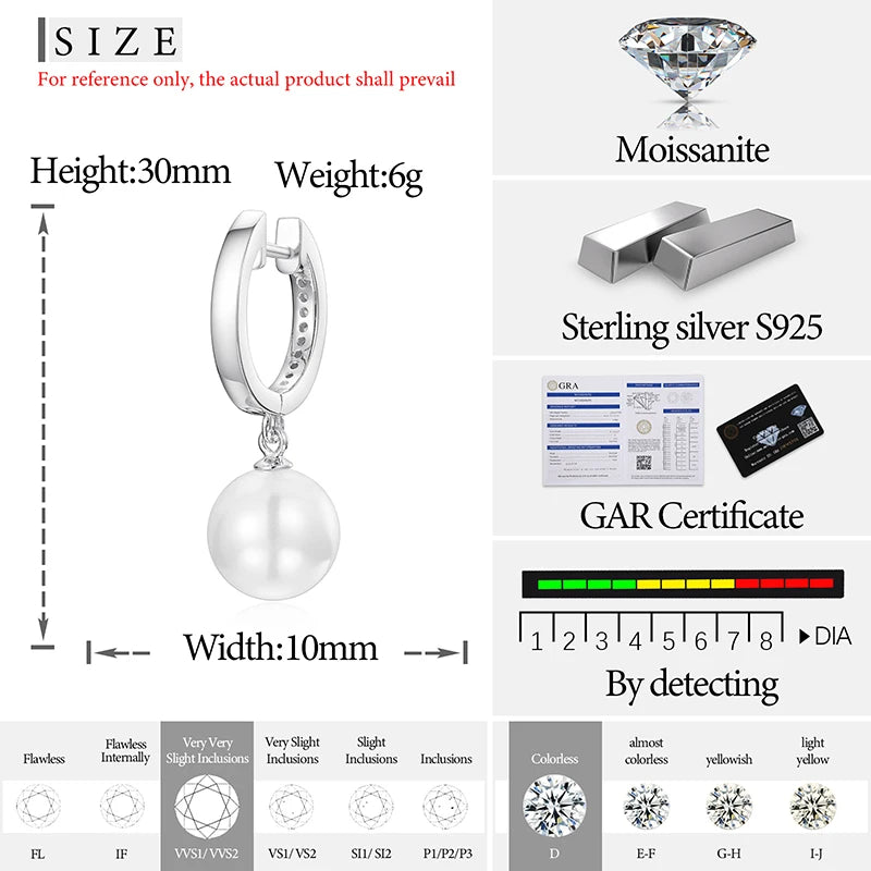 Unisex Iced Out 925 Sterling Silver VVS Moissanite AAA+ Freshwater Cultured Pearl Dangle Earrings