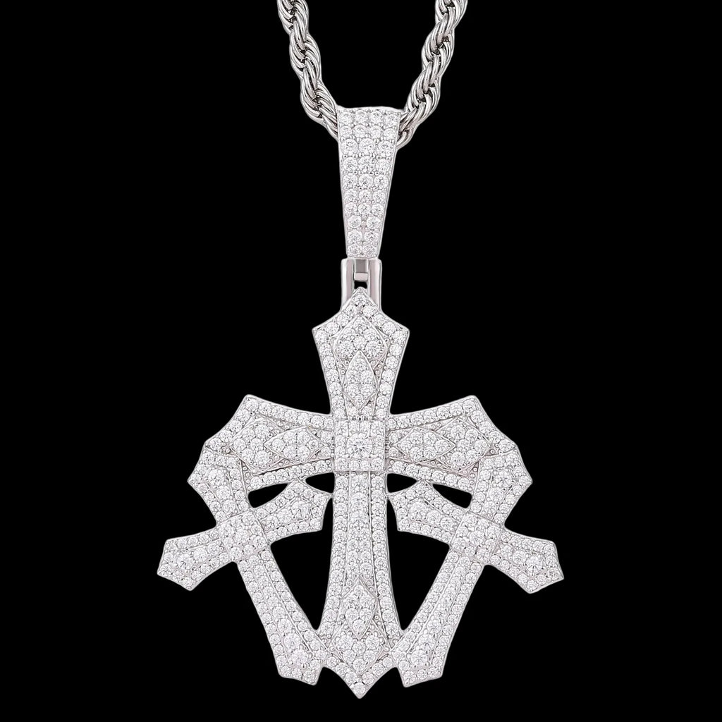 Men's 925 Sterling Silver VVS Moissanite Iced Out Triple Cross Pendant TQP0836