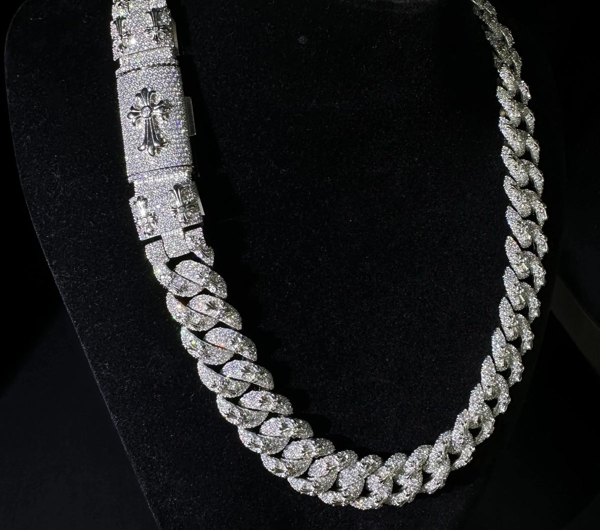 Men's 18mm Round Brilliant Cut Moissanite Cross Charm Cuban Link Chain Necklace 925 Sterling Silver