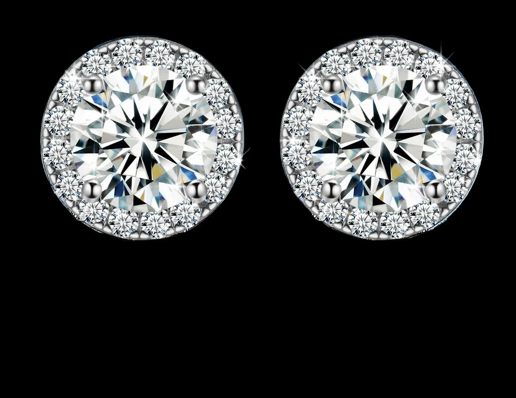 Unisex Iced Out 925 Sterling Silver White Gold Plated VVS Moissanite Round Brilliant Cut Halo Stud Earrings