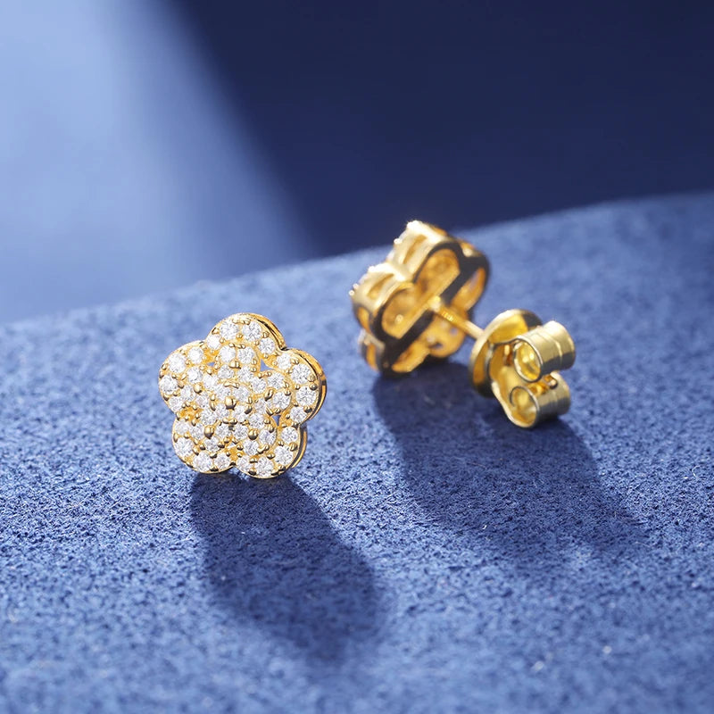 Unisex Iced Out 925 Sterling Silver Gold Plated VVS Moissanite Round Brilliant Cut Flower Stud Earrings