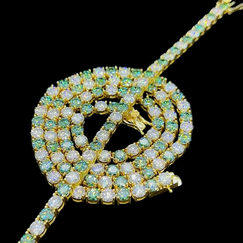 Unisex Iced Out 925 Sterling Silver VVS Moissanite Green Tennis Chain Necklace 5mm