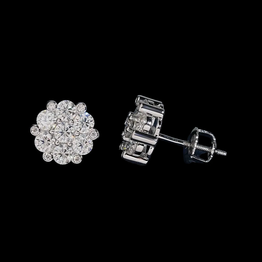 Unisex Iced Out 925 Sterling Silver VVS Moissanite Floral Cluster Stud Earrings