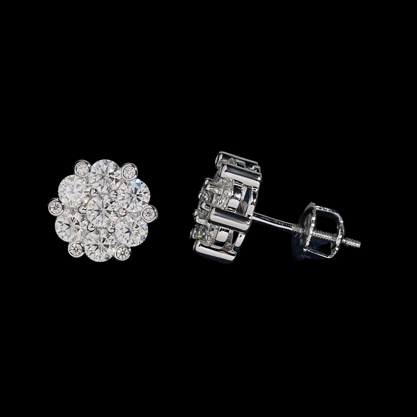 Unisex Iced Out 925 Sterling Silver VVS Moissanite Floral Cluster Stud Earrings