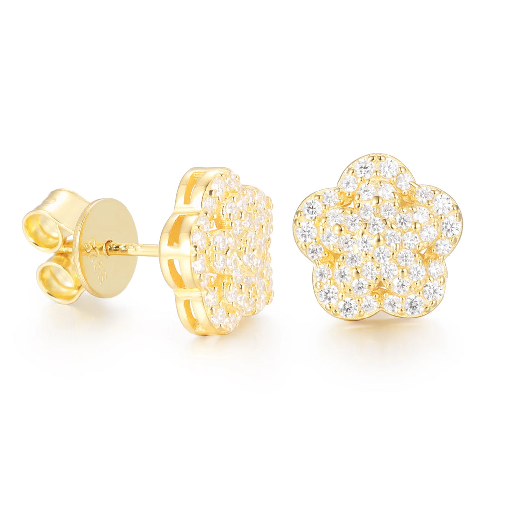 Unisex Iced Out 925 Sterling Silver Gold Plated VVS Moissanite Round Brilliant Cut Flower Stud Earrings