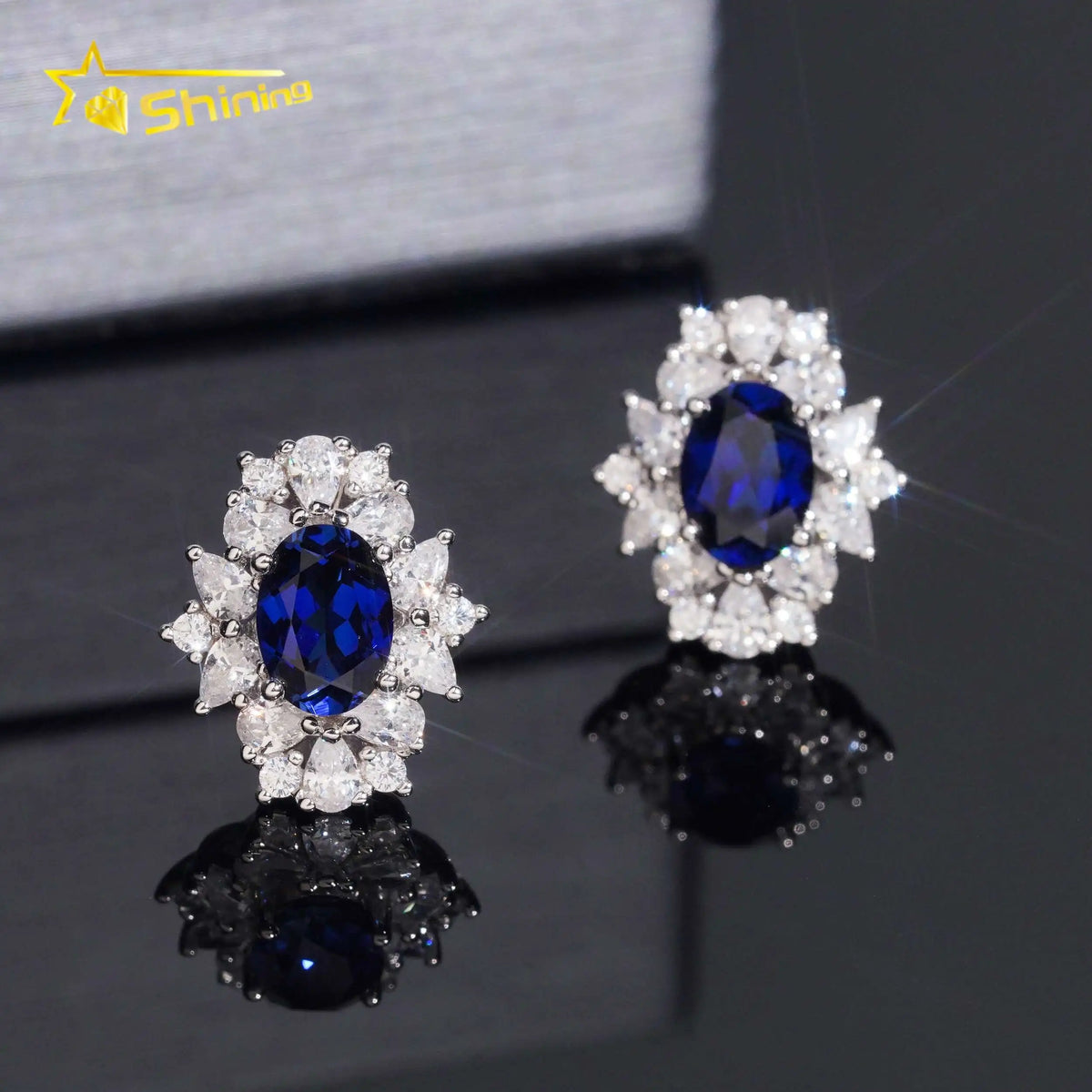 Women's Royal Blue Sapphire and Moissanite Stud Earrings 925 Sterling Silver