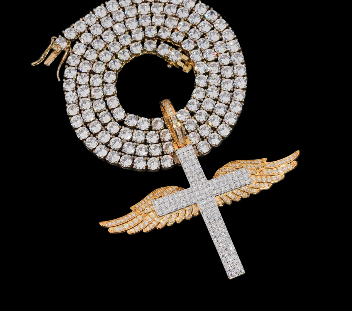 Unisex 925 Sterling Silver VVS Moissanite Cross Wing Iced Out Pendant P7816