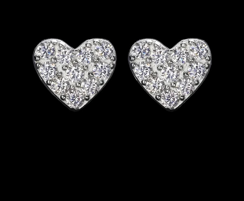 Unisex Iced Out 925 Sterling Silver Rhodium Plated VVS Moissanite Round Brilliant Cut Heart Stud Earrings
