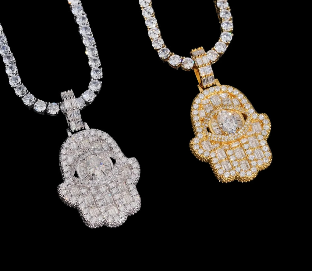 Unisex 925 Sterling Silver VVS Moissanite Hamsa Iced Out Pendant