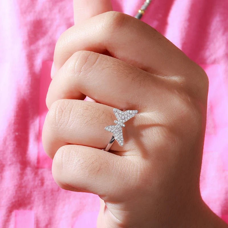 Women's Round Brilliant Cut VVS Moissanite Butterfly Ring 925 Sterling Silver