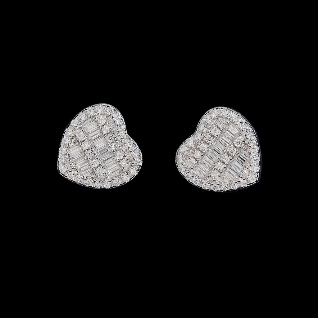 Unisex 925 Sterling Silver VVS Moissanite Heart Baguette Iced Out Stud Earrings