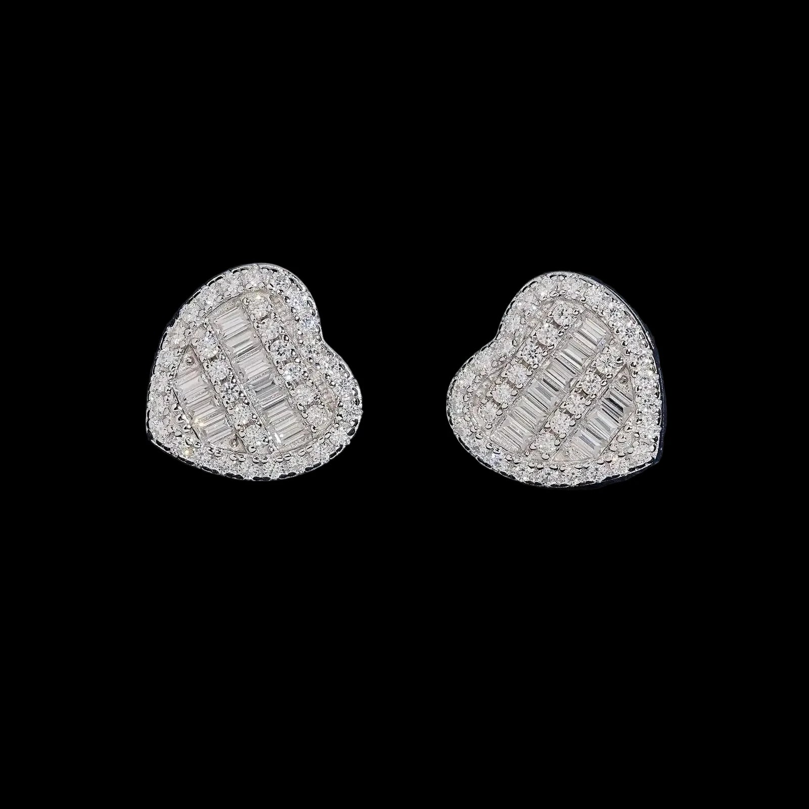 Unisex 925 Sterling Silver VVS Moissanite Heart Baguette Iced Out Stud Earrings