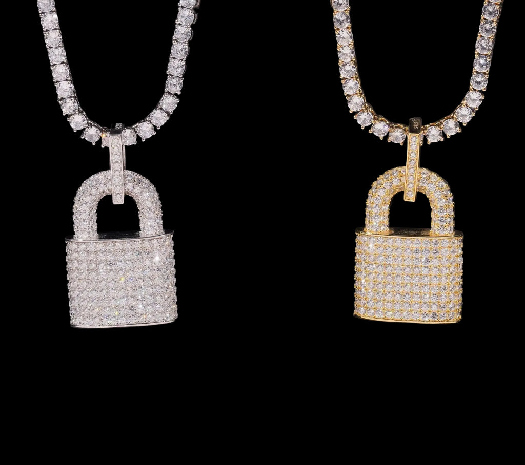 Men's Lock Style Iced Pendant 925 Sterling Silver VVS Moissanite