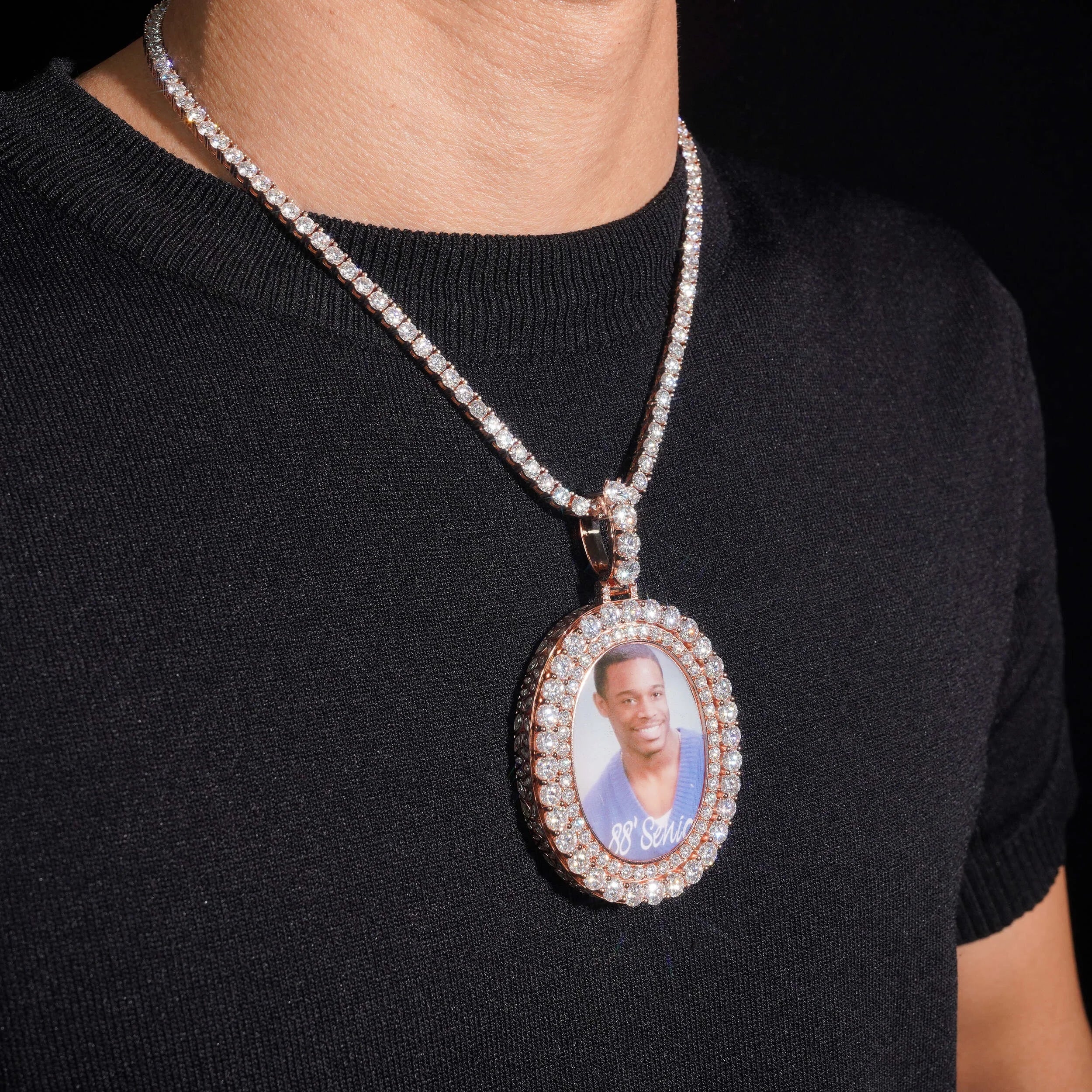 Unisex 925 Sterling Silver VVS Moissanite Oval Photo Memory Iced Out Pendant