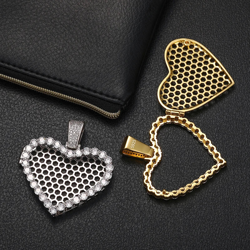Unisex Iced Out Heart Photo Pendant 925 Sterling Silver VVS Moissanite TQP0143