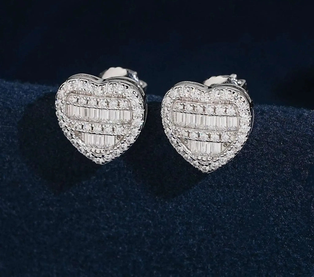 Unisex 925 Sterling Silver VVS Moissanite Heart Baguette Iced Out Stud Earrings
