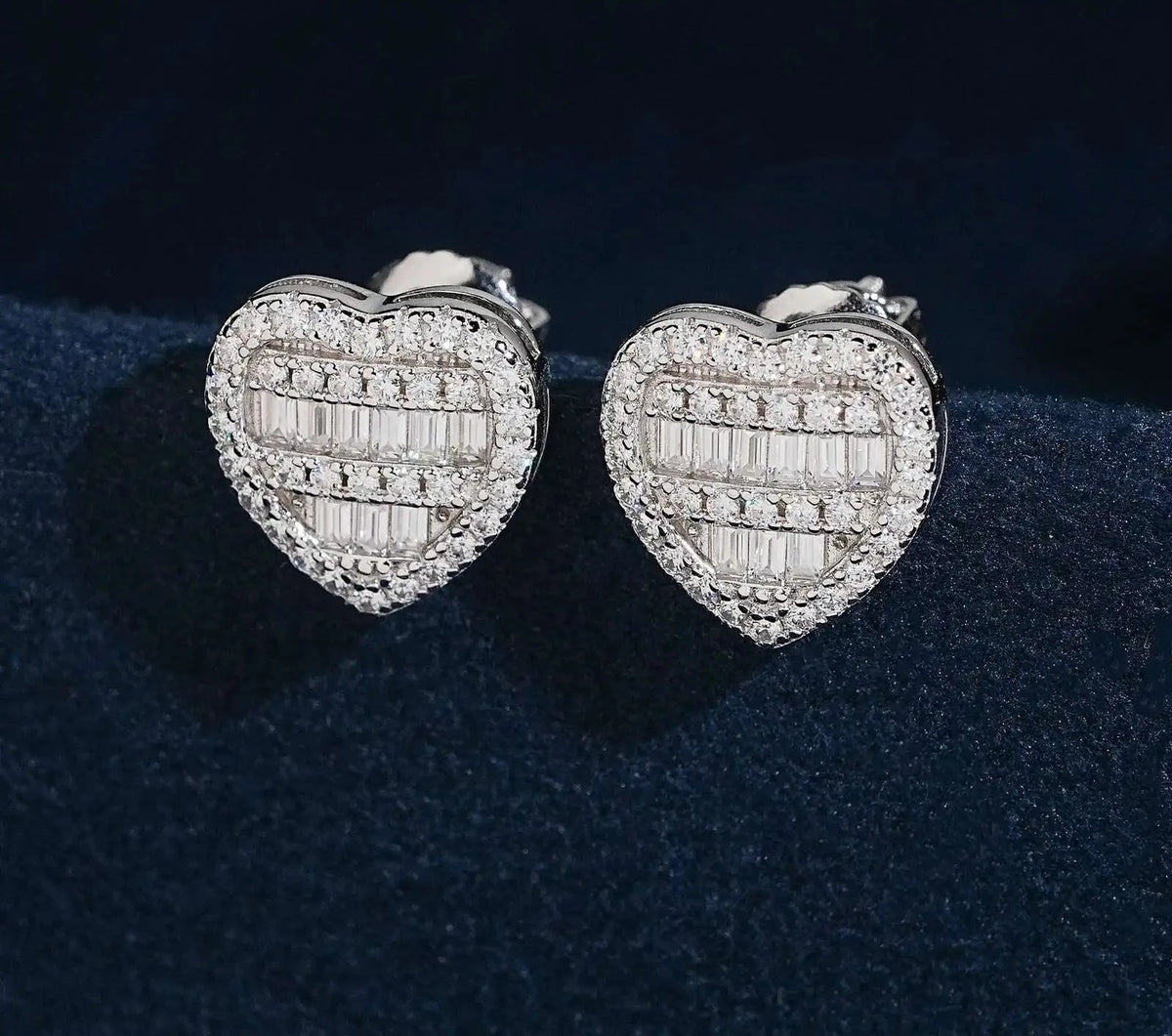 Unisex 925 Sterling Silver VVS Moissanite Heart Baguette Iced Out Stud Earrings